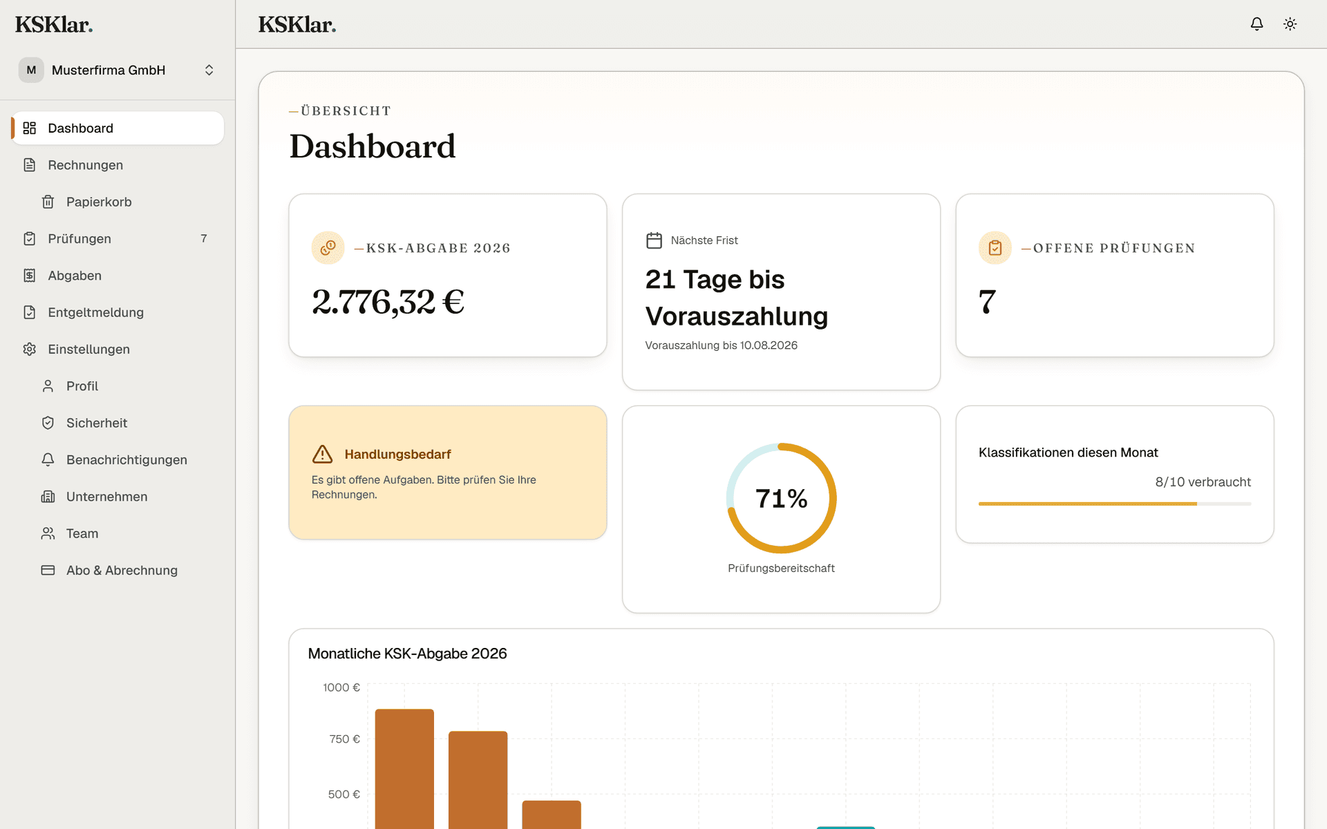 KSKlar Dashboard der fiktiven Musterfirma GmbH: Jahresabgabe, nächste Frist, offene Prüfungen und monatliche KSK-Abgabe im Überblick